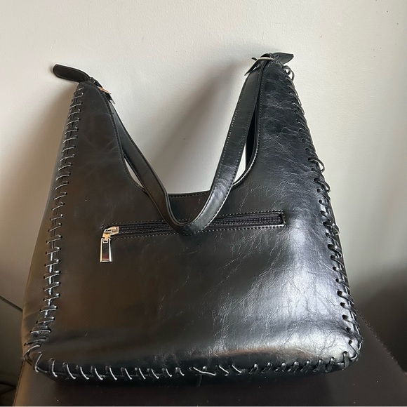 Heys Vintage ‘G Bag’ Hobo Style Black Leather Shoulder Bag Woven Seam Detail - Picture 3 of 17